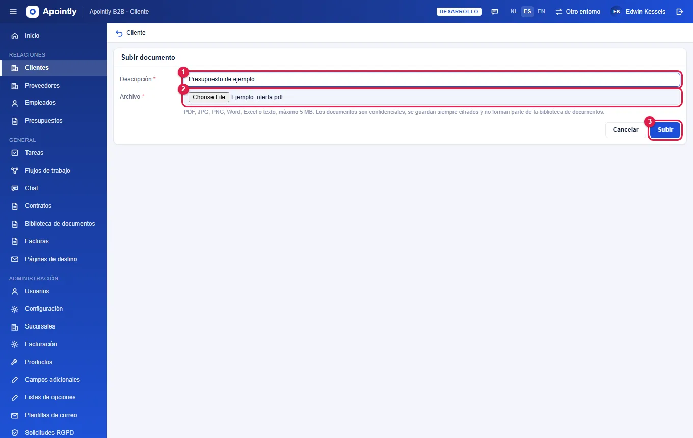 Pasos 2 y 3: descripción, archivo y Subir.