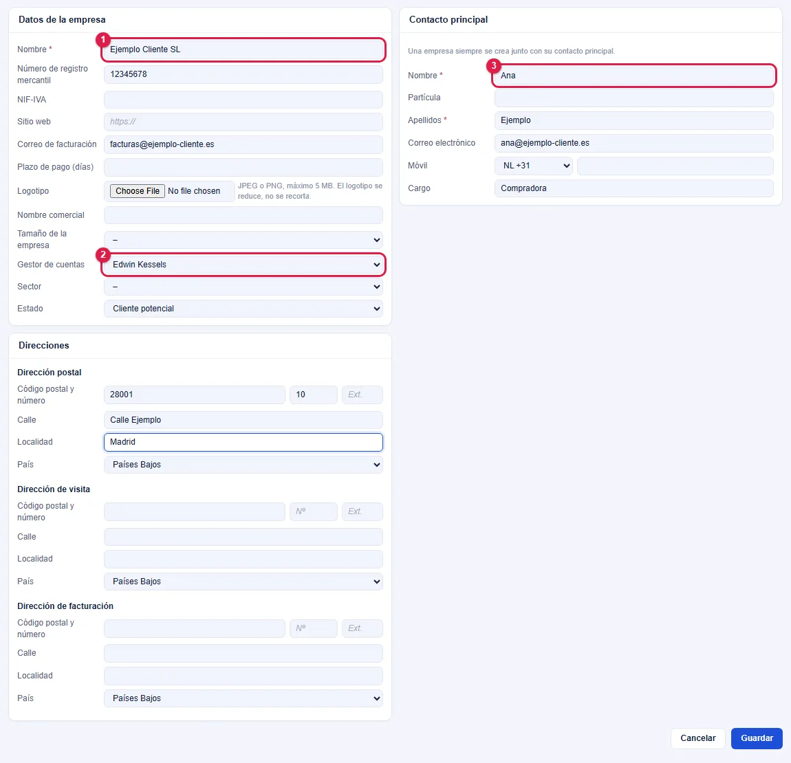 Pasos 3 y 4: datos de la empresa, gestor de cuentas y contacto principal.