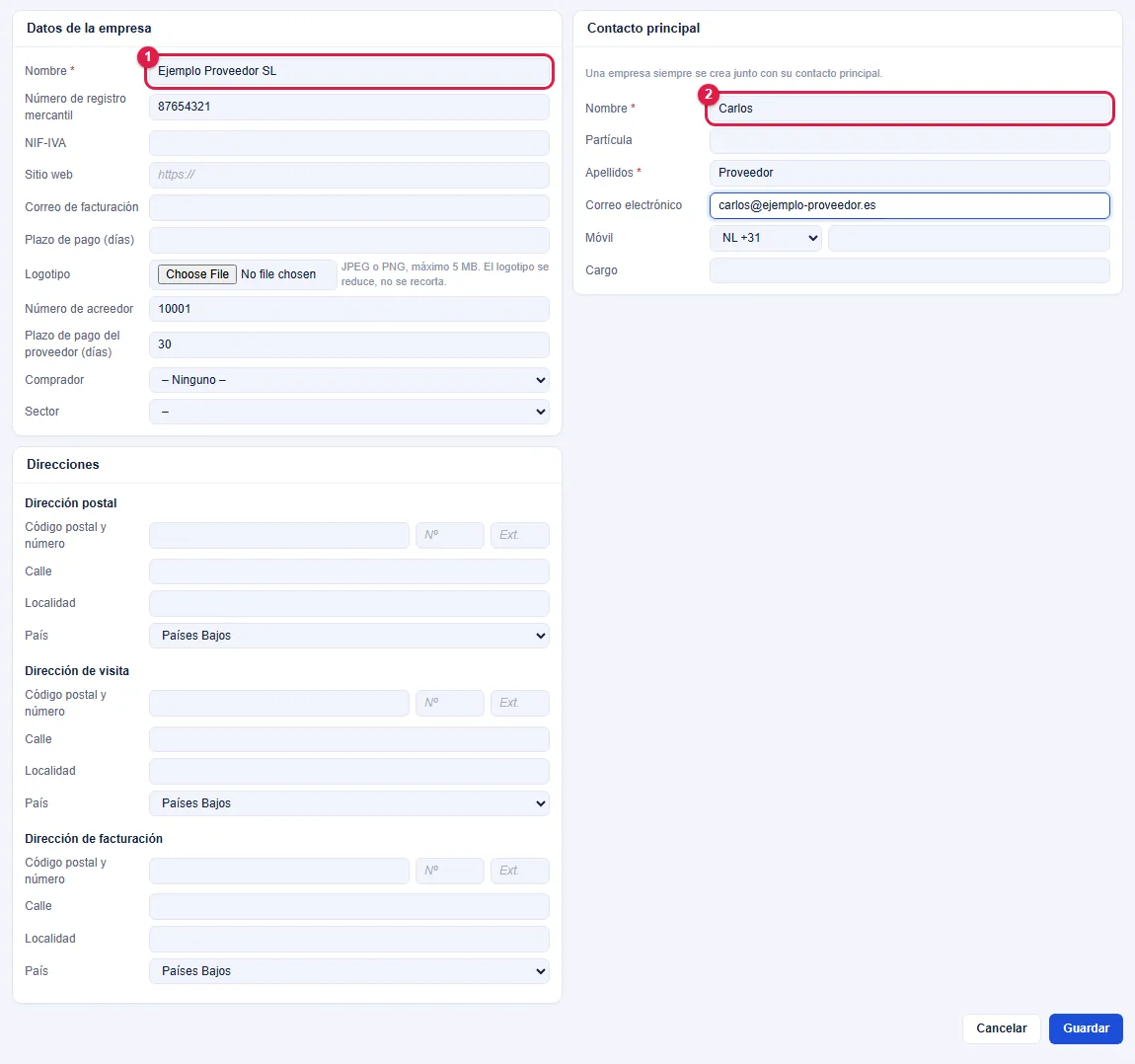 Pasos 3 y 4: datos del proveedor y contacto principal.