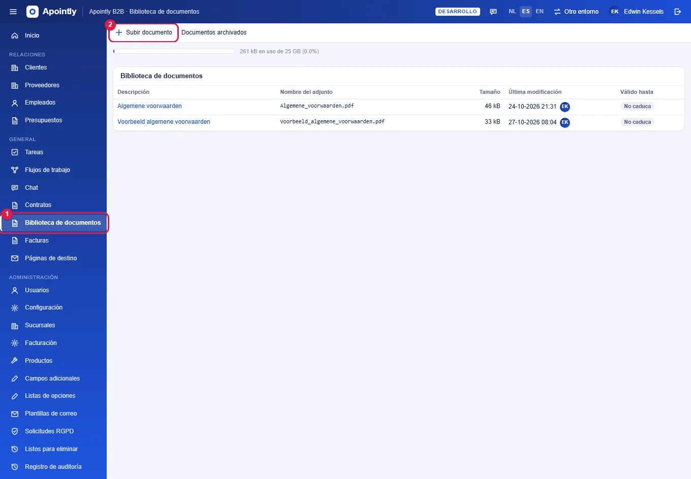 Pasos 1 y 2: elige Biblioteca de documentos y haz clic en Subir documento.