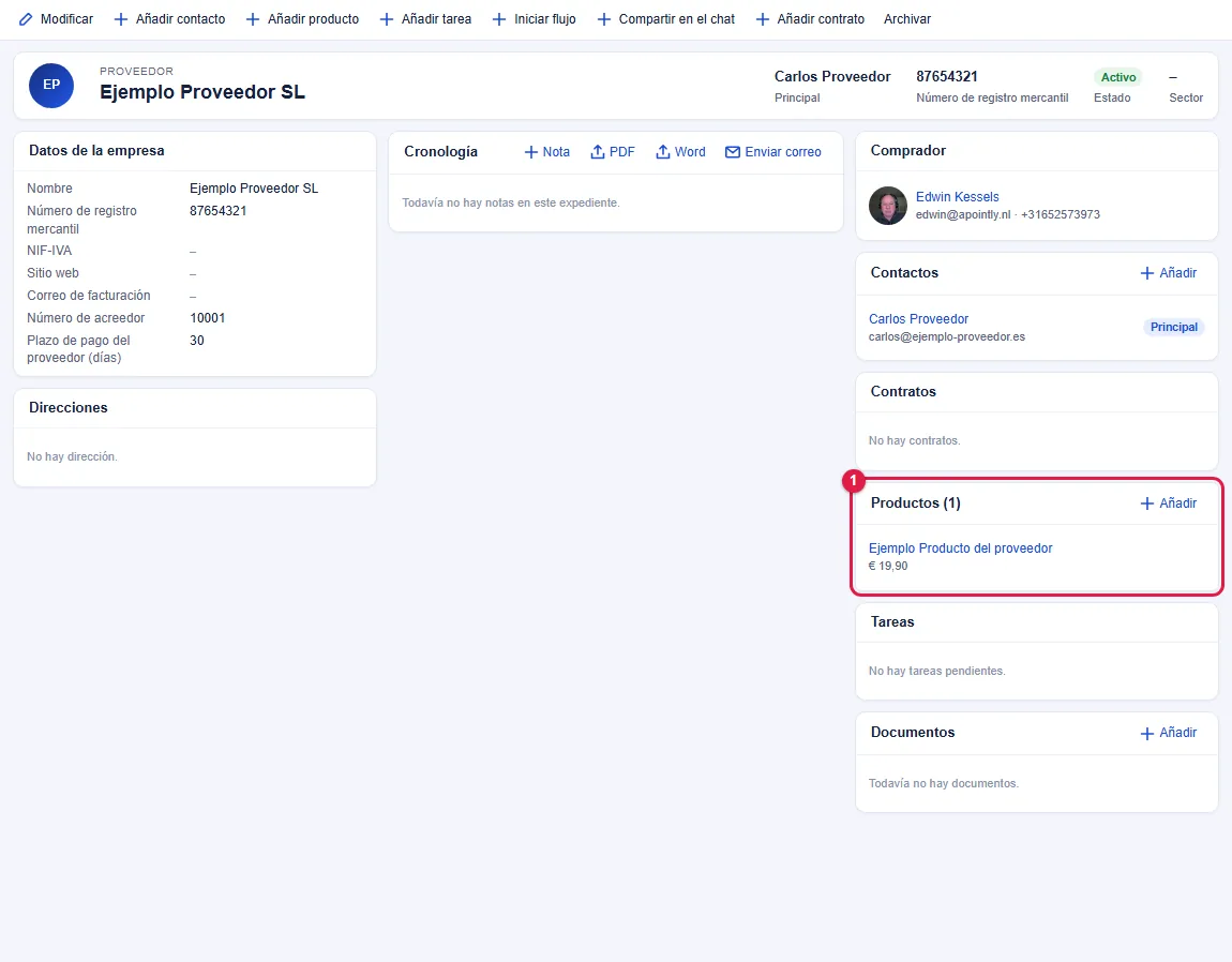 El bloque Productos del proveedor. Haz clic en el nombre de un producto para abrirlo. A partir de 10 productos, la lista se divide en páginas.