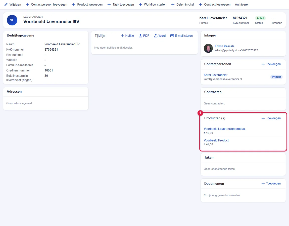 Het blok Producten bij de leverancier. Klik op een productnaam om het product te openen. Bij meer dan 10 producten is de lijst verdeeld over pagina's.