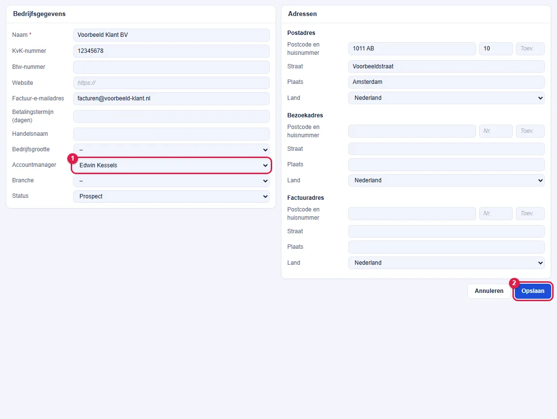 Stap 2 en 3: kies de accountmanager en klik op Opslaan.