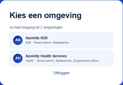 Kies na het inloggen de omgeving waarin je wilt werken.