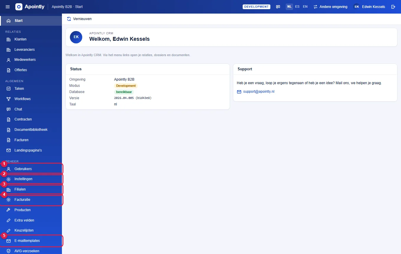 Het menu Beheer: Gebruikers, Instellingen, Filialen, Facturatie en E-mailtemplates.