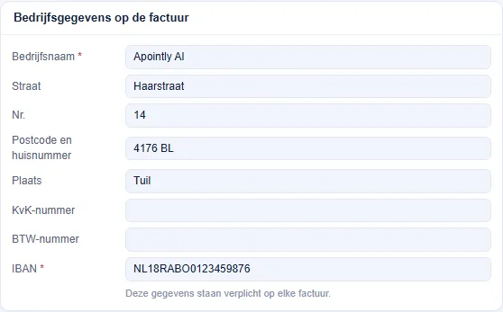 Het blok Bedrijfsgegevens op de factuur.