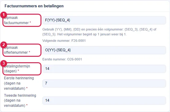 De opmaak van factuur- en offertenummer en de betalingstermijn.